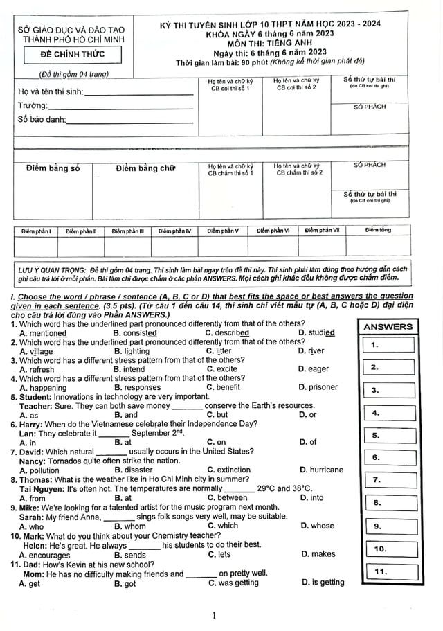 Đề Tiếng Anh thi tuyển sinh lớp 10 TP.HCM 2023 - 1